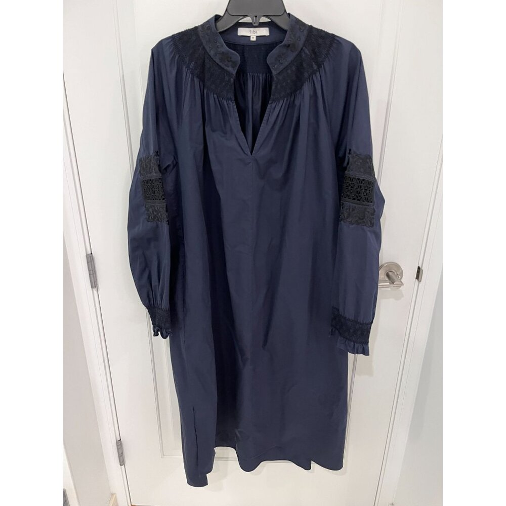 Tibi 100% Cotton Midi Caftan Dress Embroidered MEDIUM Navy Lagenlook
